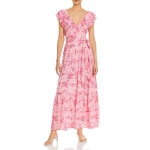 Poupette St Barth Della Maxi Dress Womens S Pink Floral Smocked Tie Waist Tiered